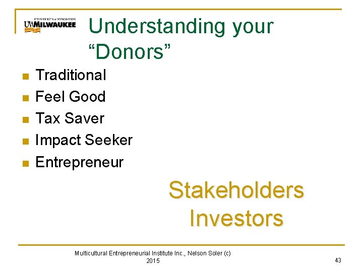 Understanding your “Donors” n n n Traditional Feel Good Tax Saver Impact Seeker Entrepreneur