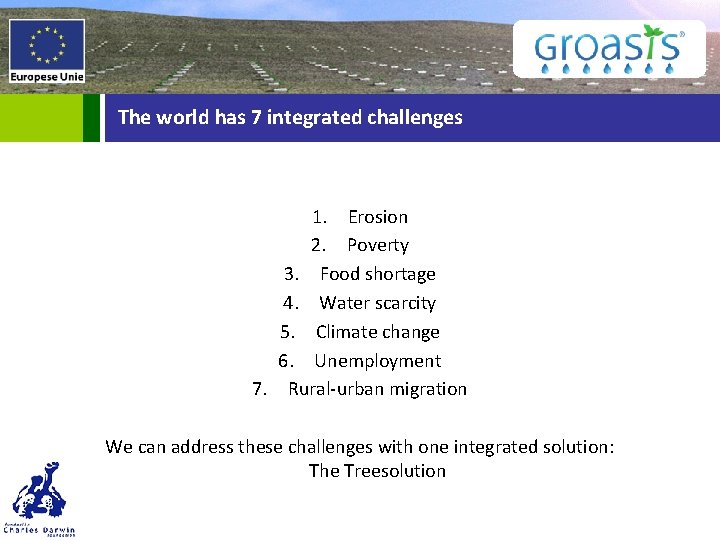 The world has 7 integrated challenges 1. Erosion 2. Poverty 3. Food shortage 4.