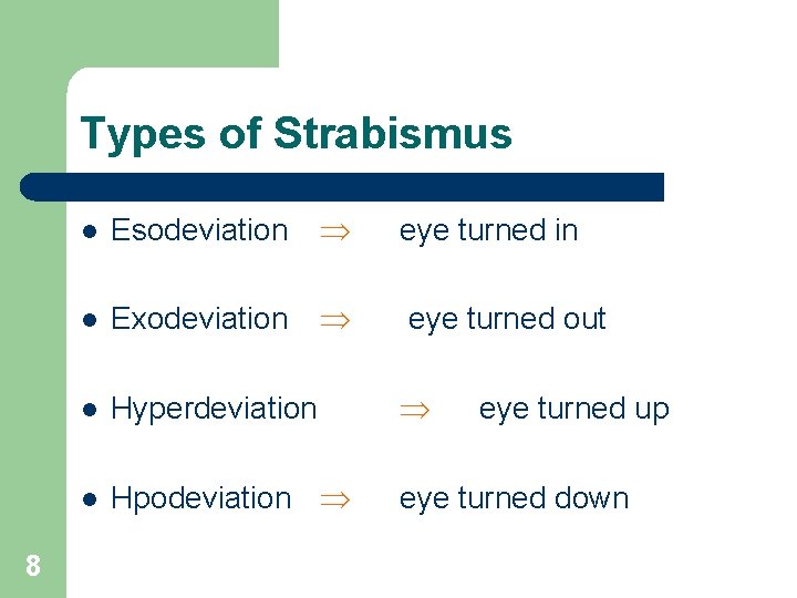 Types of Strabismus 8 l Esodeviation eye turned in l Exodeviation eye turned out