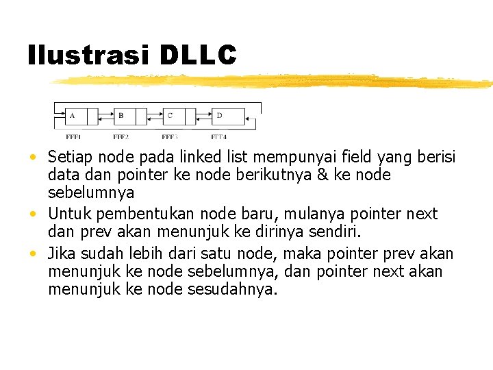 Ilustrasi DLLC • Setiap node pada linked list mempunyai field yang berisi data dan