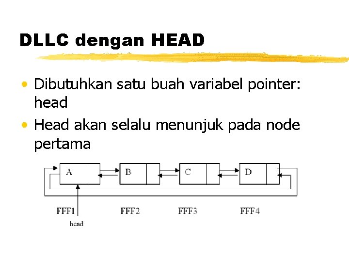 DLLC dengan HEAD • Dibutuhkan satu buah variabel pointer: head • Head akan selalu