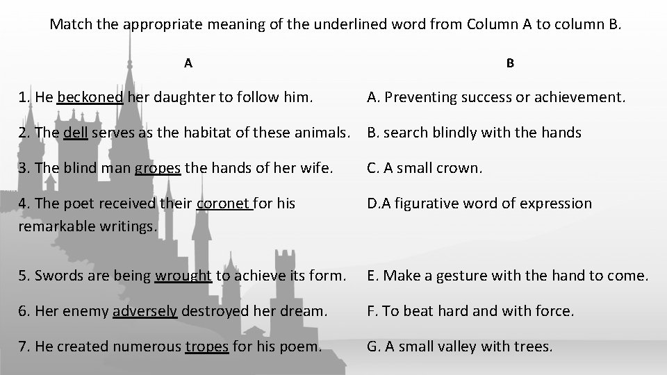 Match the appropriate meaning of the underlined word from Column A to column B.