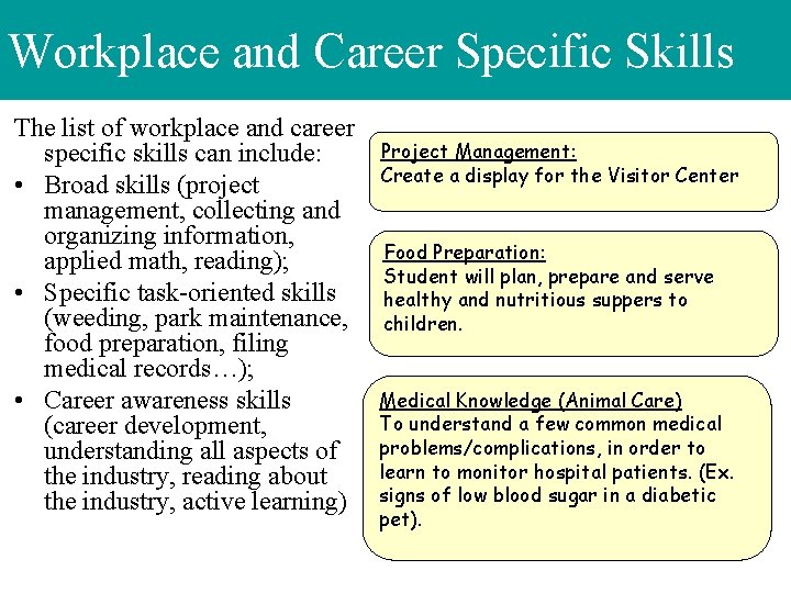 Workplace and Career Specific Skills The list of workplace and career specific skills can