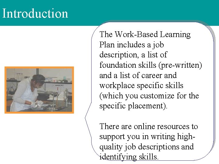 Introduction The Work-Based Learning Plan includes a job description, a list of foundation skills