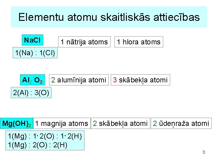 Elementu atomu skaitliskās attiecības Na. Cl 1 nātrija atoms 1 hlora atoms 1(Na) :