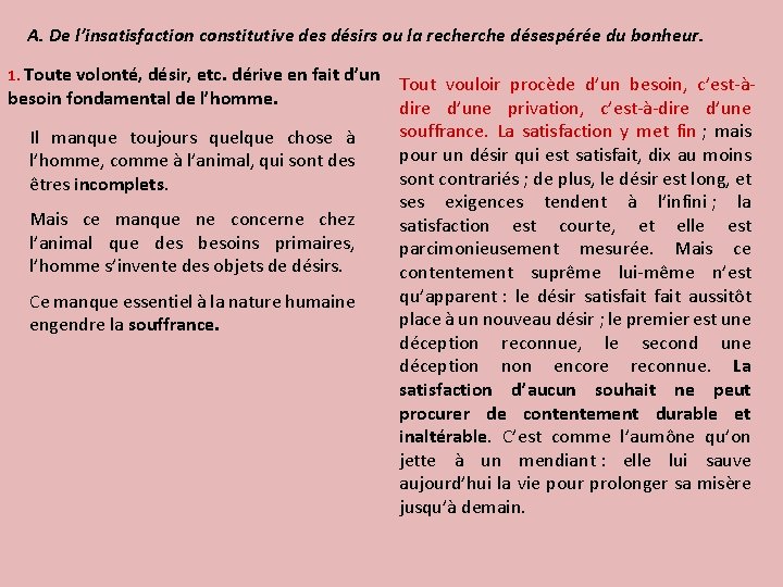 A. De l’insatisfaction constitutive des désirs ou la recherche désespérée du bonheur. 1. Toute