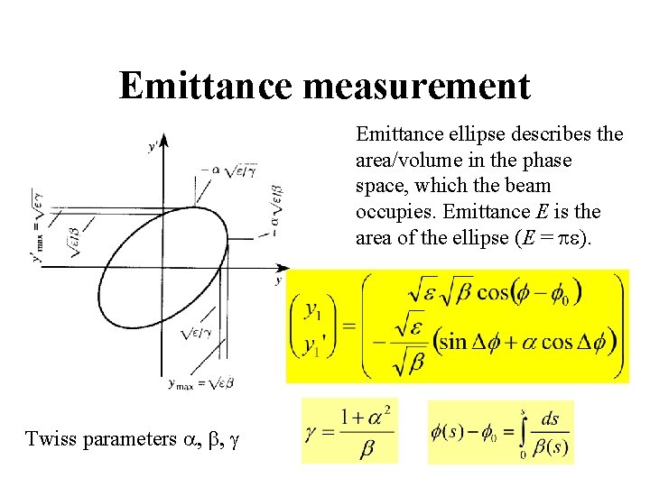 Emittance measurement Emittance ellipse describes the area/volume in the phase space, which the beam