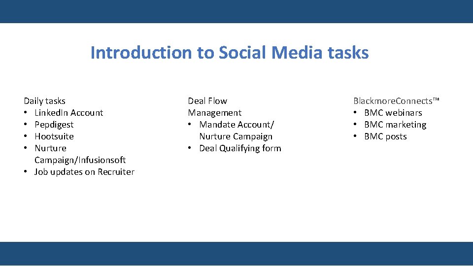 Introduction to Social Media tasks Daily tasks • Linked. In Account • Pepdigest •