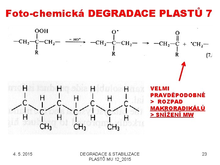 Foto-chemická DEGRADACE PLASTŮ 7 VELMI PRAVDĚPODOBNÉ > ROZPAD MAKRORADIKÁLŮ > SNÍŽENÍ MW 4. 5.