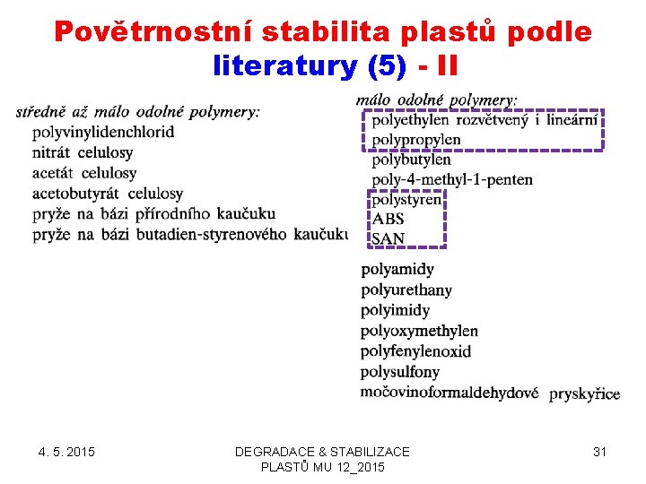 Povětrnostní stabilita plastů podle literatury (5) - II 4. 5. 2015 DEGRADACE & STABILIZACE