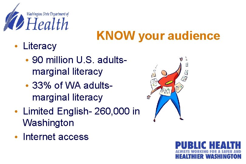 KNOW your audience • Literacy • 90 million U. S. adultsmarginal literacy • 33%