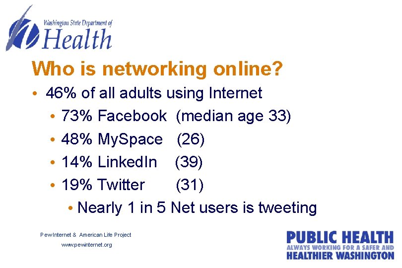 Who is networking online? • 46% of all adults using Internet • 73% Facebook