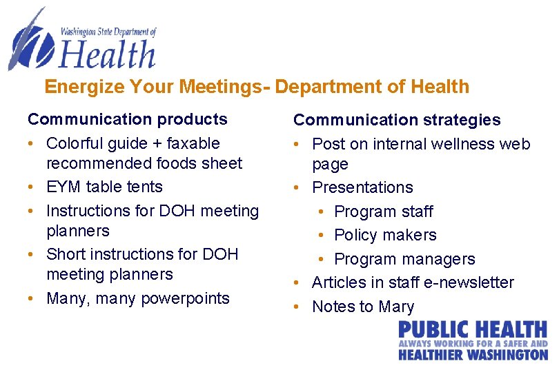 Energize Your Meetings- Department of Health Communication products • Colorful guide + faxable recommended