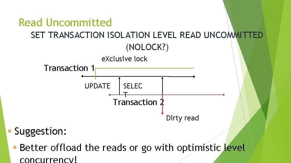 Read Uncommitted SET TRANSACTION ISOLATION LEVEL READ UNCOMMITTED (NOLOCK? ) e. Xclusive lock Transaction Read Uncommitted SET TRANSACTION ISOLATION LEVEL READ UNCOMMITTED (NOLOCK? ) e. Xclusive lock Transaction