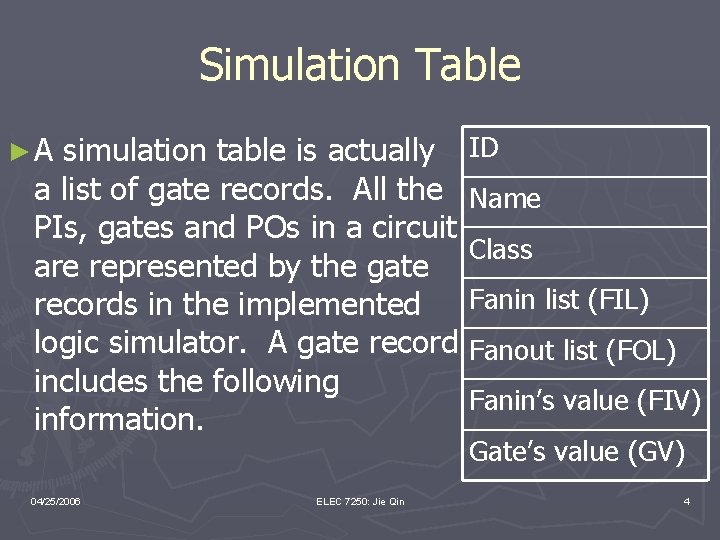 Simulation Table ►A simulation table is actually ID a list of gate records. All