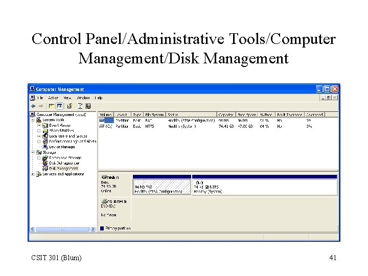 Control Panel/Administrative Tools/Computer Management/Disk Management CSIT 301 (Blum) 41 