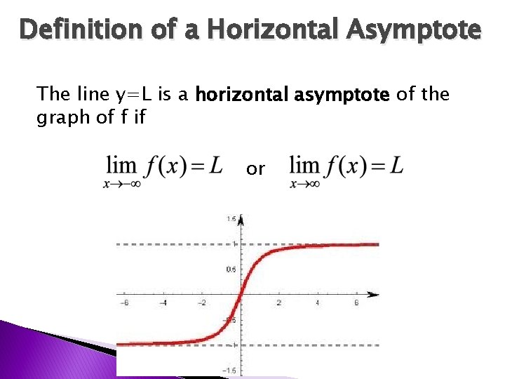 Definition of a Horizontal Asymptote The line y=L is a horizontal asymptote of the