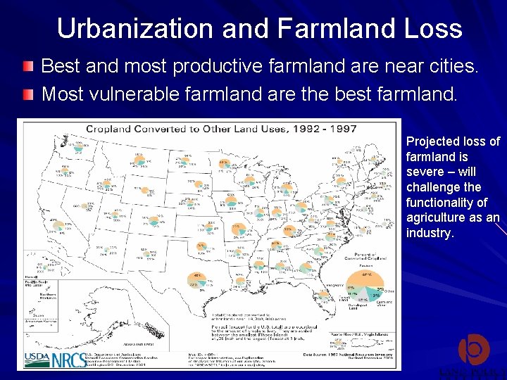 Urbanization and Farmland Loss Best and most productive farmland are near cities. Most vulnerable