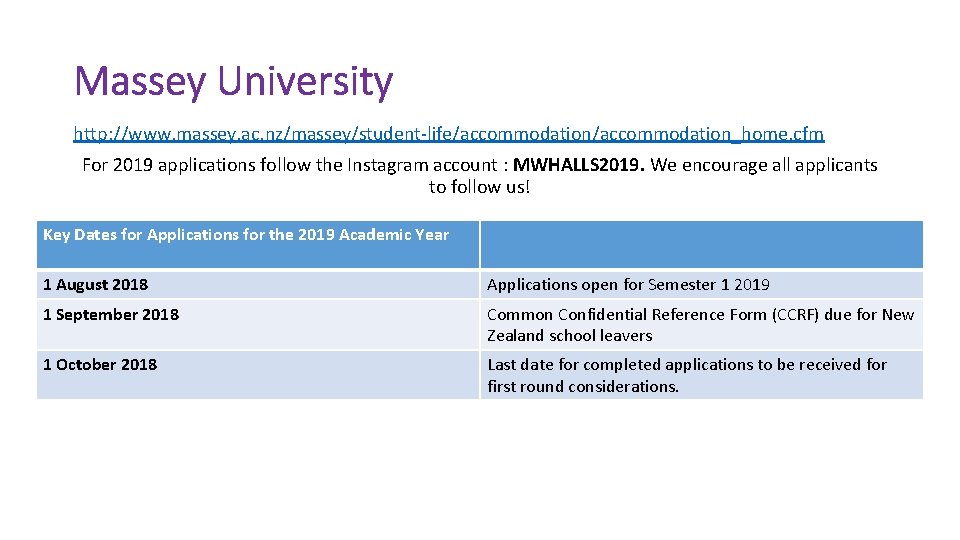 Massey University http: //www. massey. ac. nz/massey/student-life/accommodation_home. cfm For 2019 applications follow the Instagram