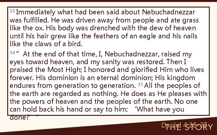 33 Immediately what had been said about Nebuchadnezzar was fulfilled. He was driven away