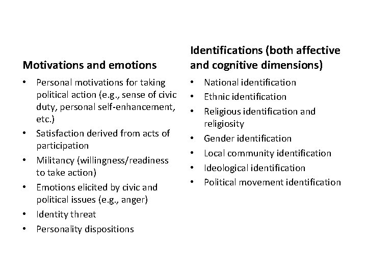 Motivations and emotions • Personal motivations for taking political action (e. g. , sense