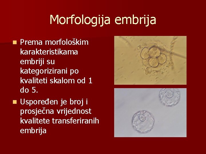 Morfologija embrija Prema morfološkim karakteristikama embriji su kategorizirani po kvaliteti skalom od 1 do