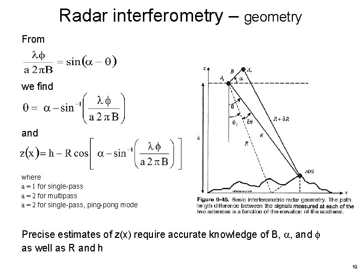 Radar interferometry – geometry From we find and where a = 1 for single-pass Radar interferometry – geometry From we find and where a = 1 for single-pass