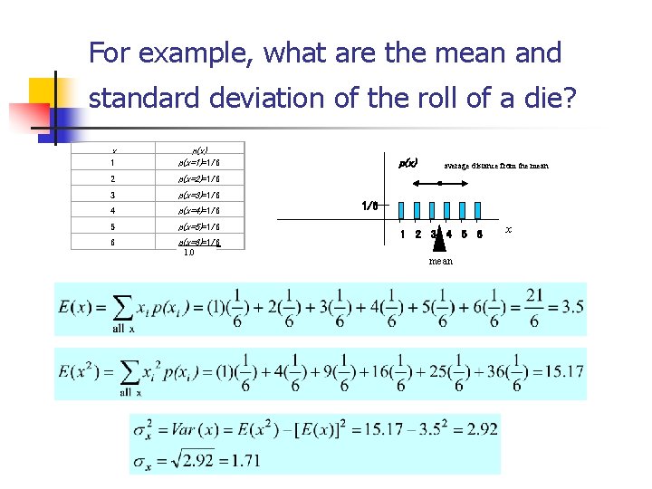 For example, what are the mean and standard deviation of the roll of a