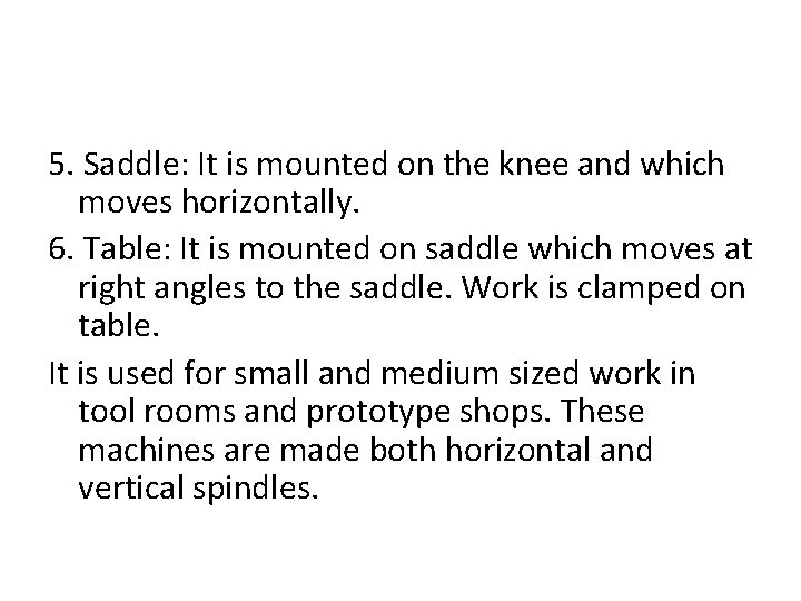 5. Saddle: It is mounted on the knee and which moves horizontally. 6. Table: 5. Saddle: It is mounted on the knee and which moves horizontally. 6. Table: