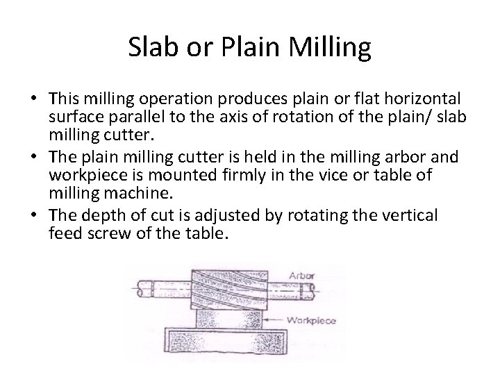 Slab or Plain Milling • This milling operation produces plain or flat horizontal surface Slab or Plain Milling • This milling operation produces plain or flat horizontal surface