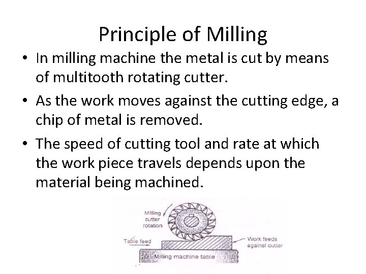 Principle of Milling • In milling machine the metal is cut by means of