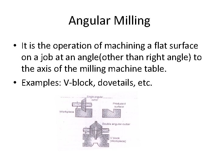 Angular Milling • It is the operation of machining a flat surface on a