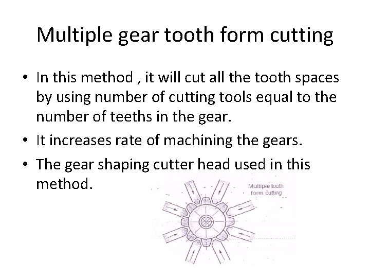 Multiple gear tooth form cutting • In this method , it will cut all