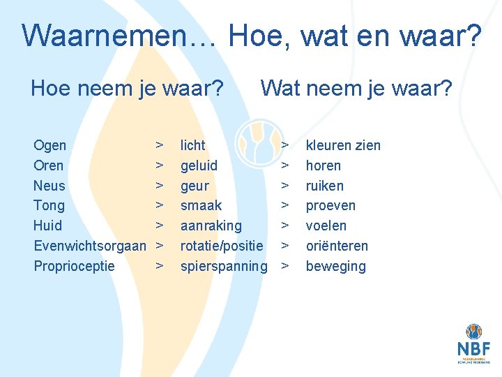 Waarnemen… Hoe, wat en waar? Hoe neem je waar? Ogen Oren Neus Tong Huid