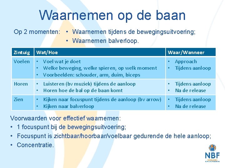 Waarnemen op de baan Op 2 momenten: • Waarnemen tijdens de bewegingsuitvoering; • Waarnemen