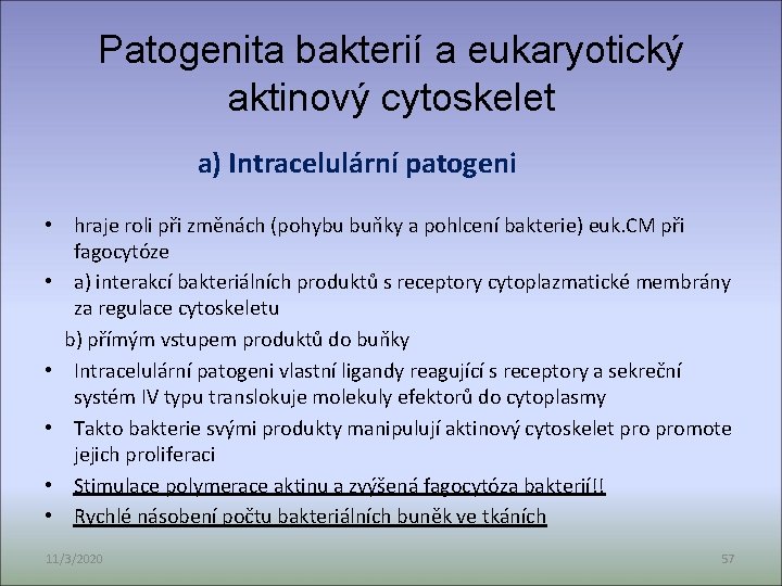Patogenita bakterií a eukaryotický aktinový cytoskelet a) Intracelulární patogeni • hraje roli při změnách