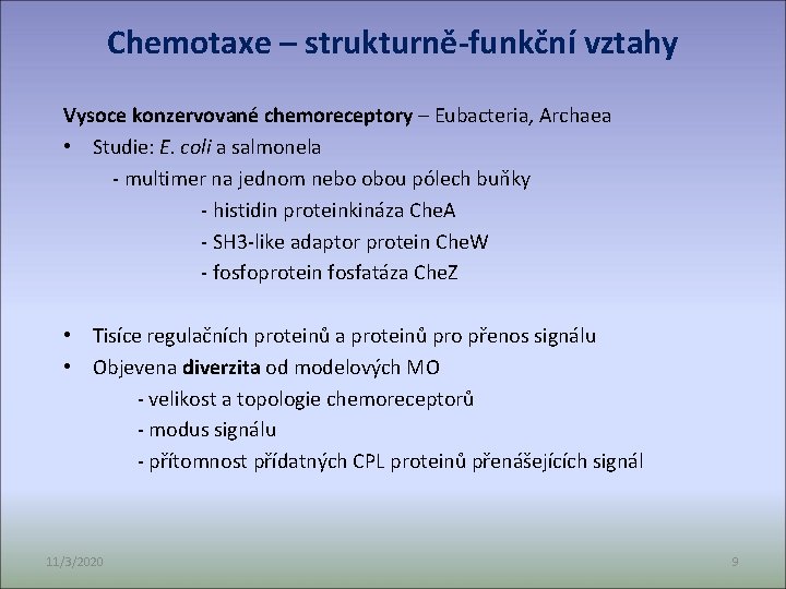 Chemotaxe – strukturně-funkční vztahy Vysoce konzervované chemoreceptory – Eubacteria, Archaea • Studie: E. coli