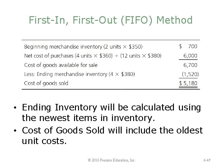 First-In, First-Out (FIFO) Method • Ending Inventory will be calculated using the newest items