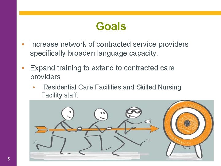 Goals • Increase network of contracted service providers specifically broaden language capacity. • Expand