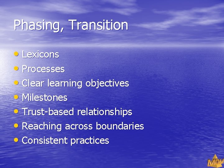 Phasing, Transition • Lexicons • Processes • Clearning objectives • Milestones • Trust-based relationships