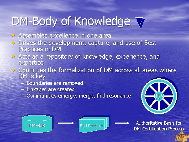 DM-Body of Knowledge • Assembles excellence in one area • Drives the development, capture,