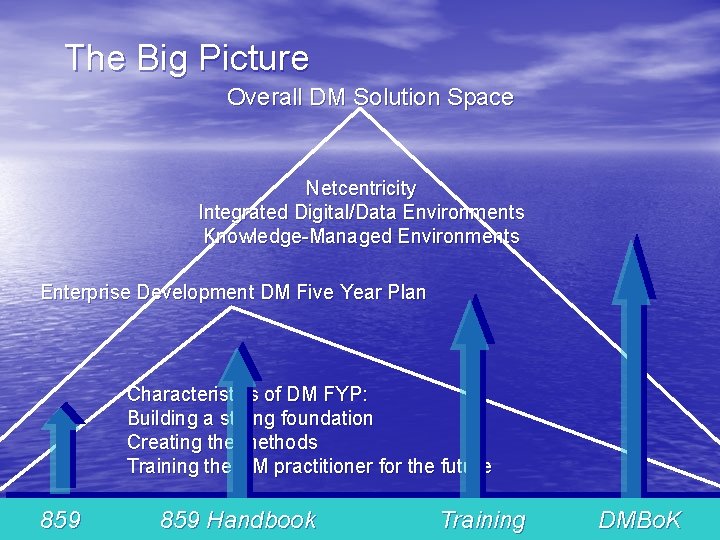 The Big Picture Overall DM Solution Space Netcentricity Integrated Digital/Data Environments Knowledge-Managed Environments Enterprise