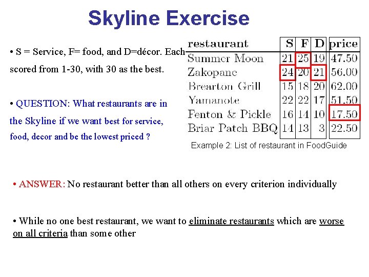 Skyline Exercise • S = Service, F= food, and D=décor. Each scored from 1