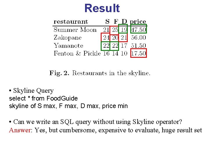 Result • Skyline Query select * from Food. Guide skyline of S max, F
