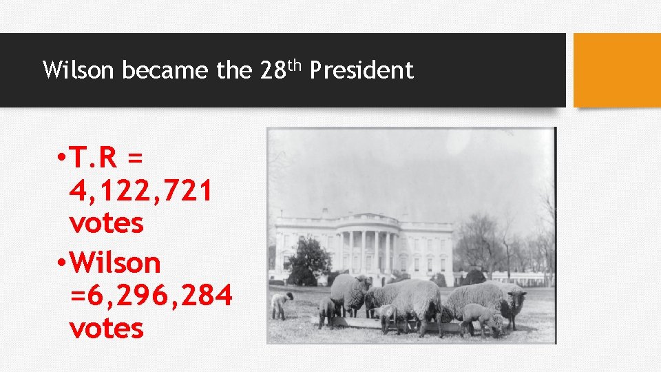 Wilson became the 28 th President • T. R = 4, 122, 721 votes