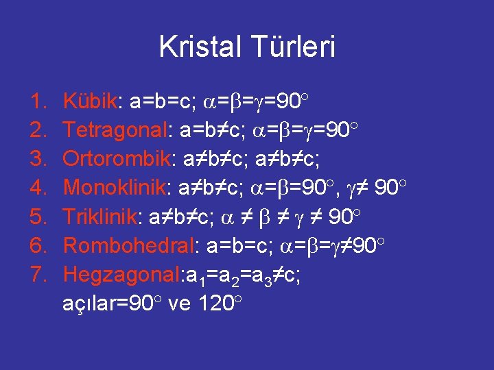 Kristal Türleri 1. 2. 3. 4. 5. 6. 7. Kübik: a=b=c; = = =90