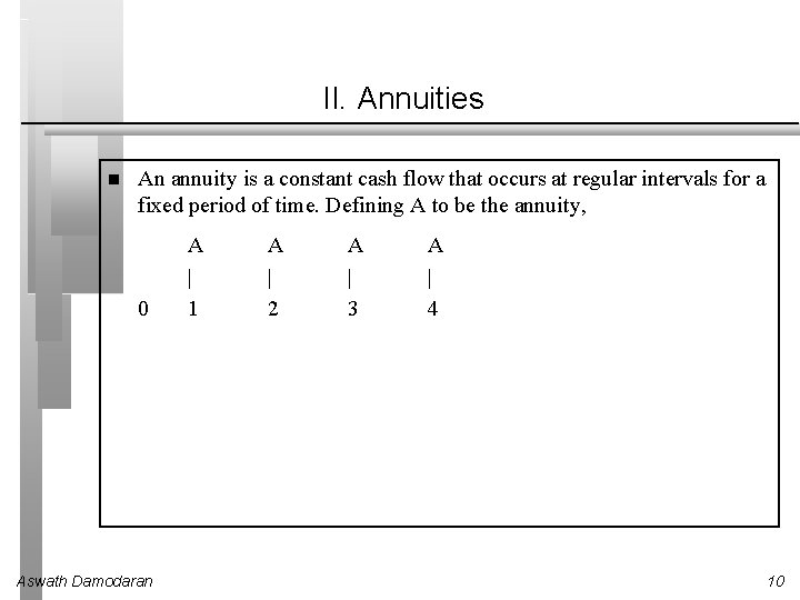 II. Annuities An annuity is a constant cash flow that occurs at regular intervals