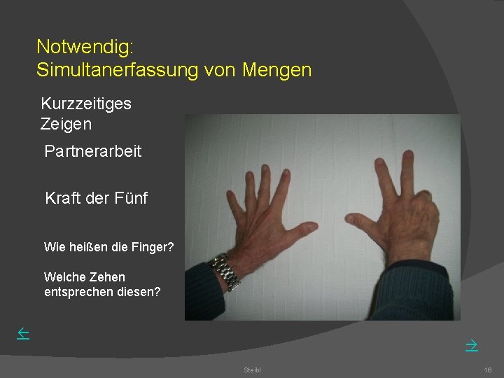 Notwendig: Simultanerfassung von Mengen Kurzzeitiges Zeigen Partnerarbeit Kraft der Fünf Wie heißen die Finger?