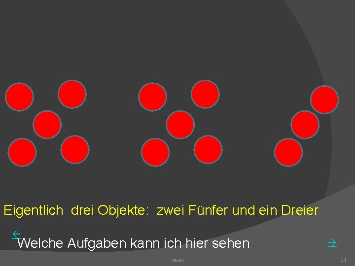 Eigentlich drei Objekte: zwei Fünfer und ein Dreier Welche Aufgaben kann ich hier sehen