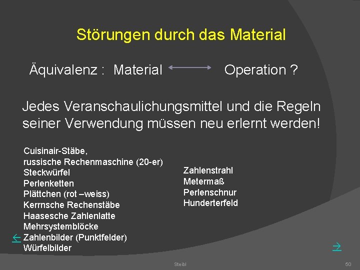 Störungen durch das Material Äquivalenz : Material Operation ? Jedes Veranschaulichungsmittel und die Regeln